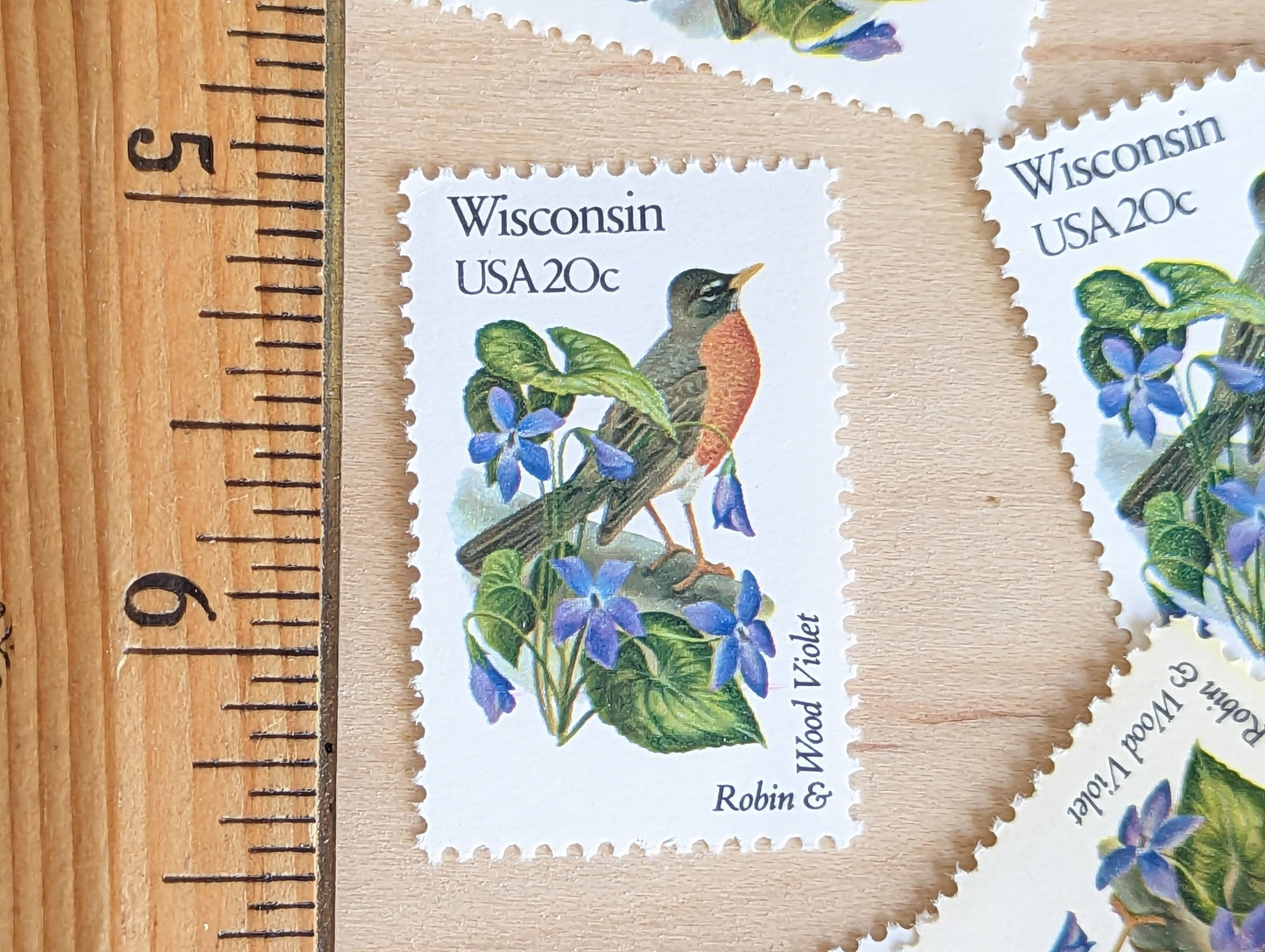 Wisconsin State Stamp, Set of 5, Vintage Unused USPS 20 Cent Postage Stamps, State Bird and Flower, 1982, Gummed