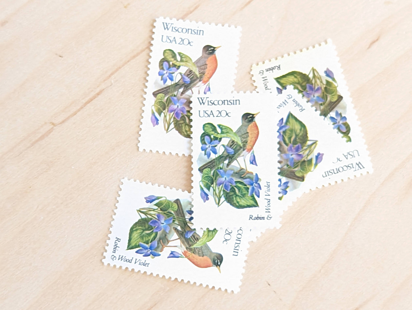 Wisconsin State Stamp, Set of 5, Vintage Unused USPS 20 Cent Postage Stamps, State Bird and Flower, 1982, Gummed