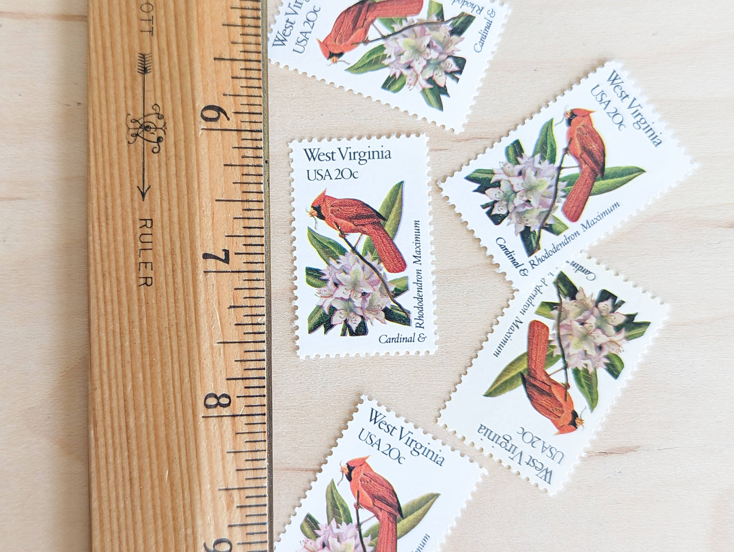 West Virginia State Stamp, Set of 5, Vintage Unused USPS 20 Cent Postage Stamps, State Bird and Flower, 1982, Gummed
