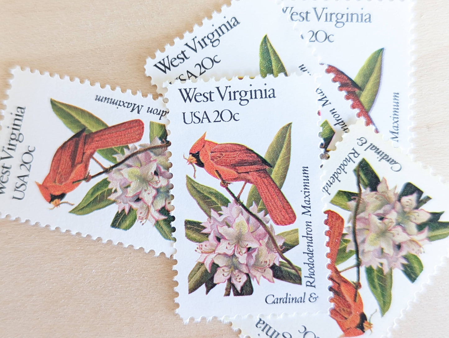 West Virginia State Stamp, Set of 5, Vintage Unused USPS 20 Cent Postage Stamps, State Bird and Flower, 1982, Gummed