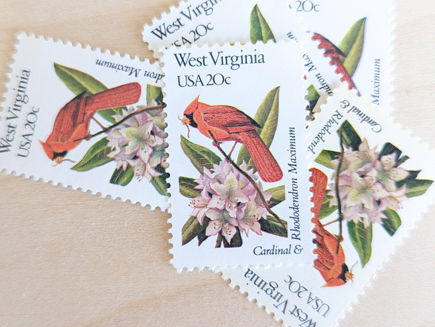West Virginia State Stamp, Set of 5, Vintage Unused USPS 20 Cent Postage Stamps, State Bird and Flower, 1982, Gummed