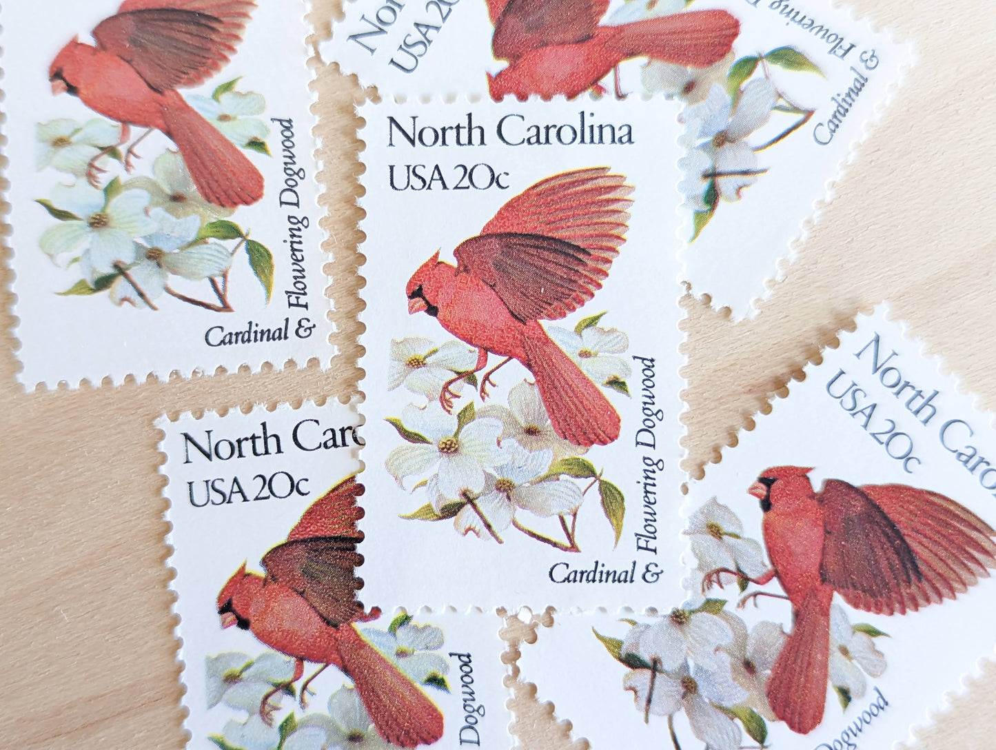 North Carolina State Stamp, Set of 5, Vintage Unused USPS 20 Cent Postage Stamps, State Bird and Flower, 1982, Gummed