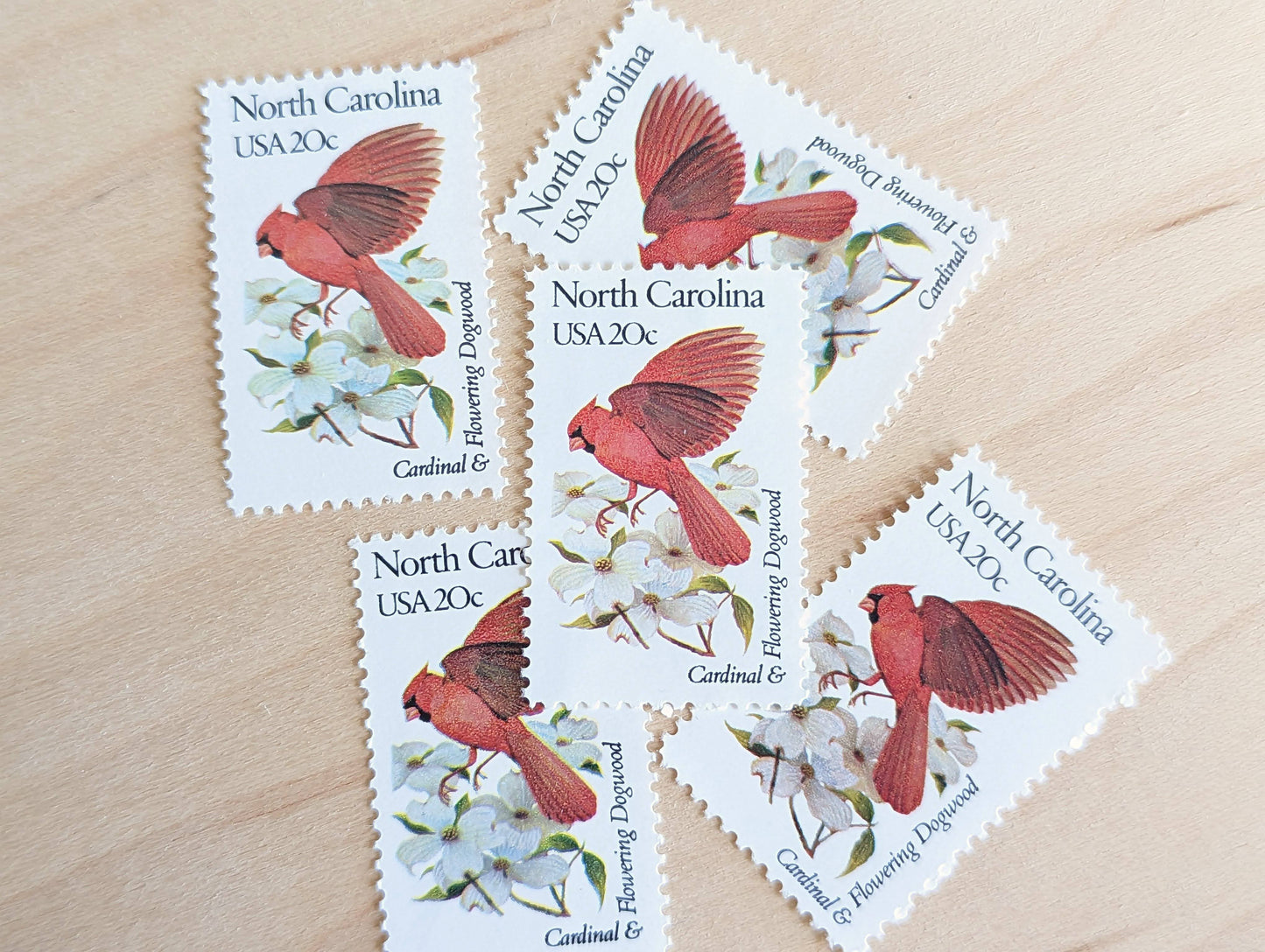 North Carolina State Stamp, Set of 5, Vintage Unused USPS 20 Cent Postage Stamps, State Bird and Flower, 1982, Gummed