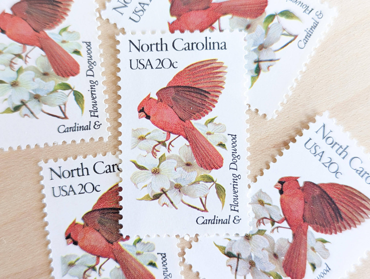 North Carolina State Stamp, Set of 5, Vintage Unused USPS 20 Cent Postage Stamps, State Bird and Flower, 1982, Gummed