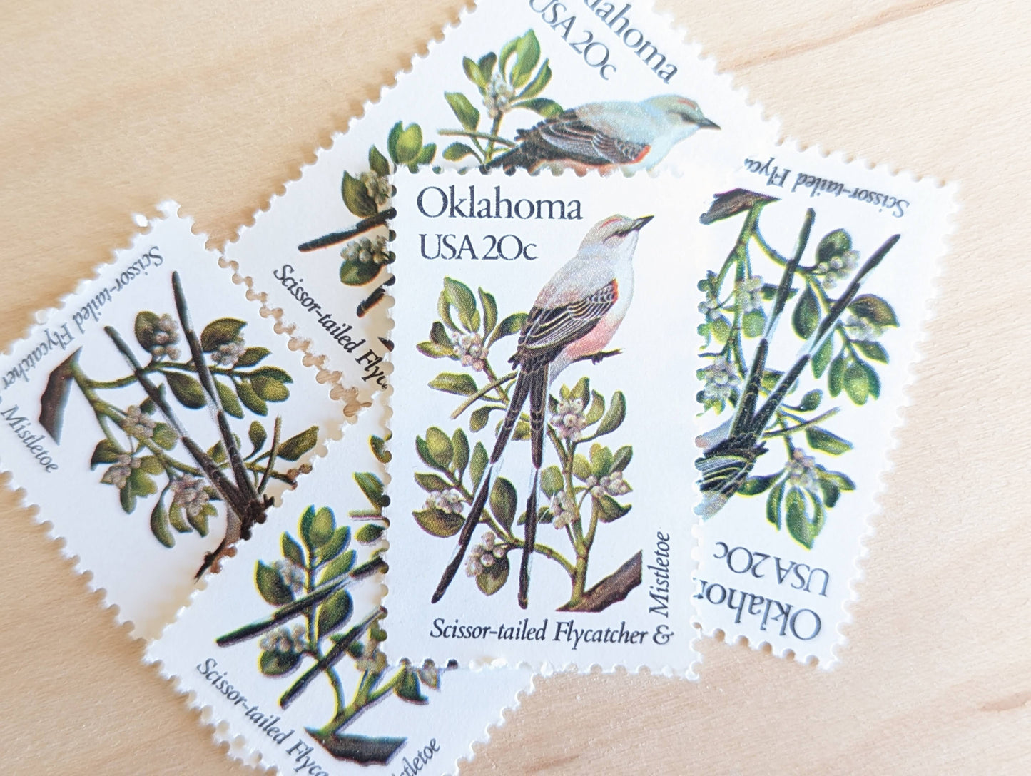 Oklahoma State Stamp, Set of 5, Vintage Unused USPS 20 Cent Postage Stamps, State Bird and Flower, 1982, Gummed