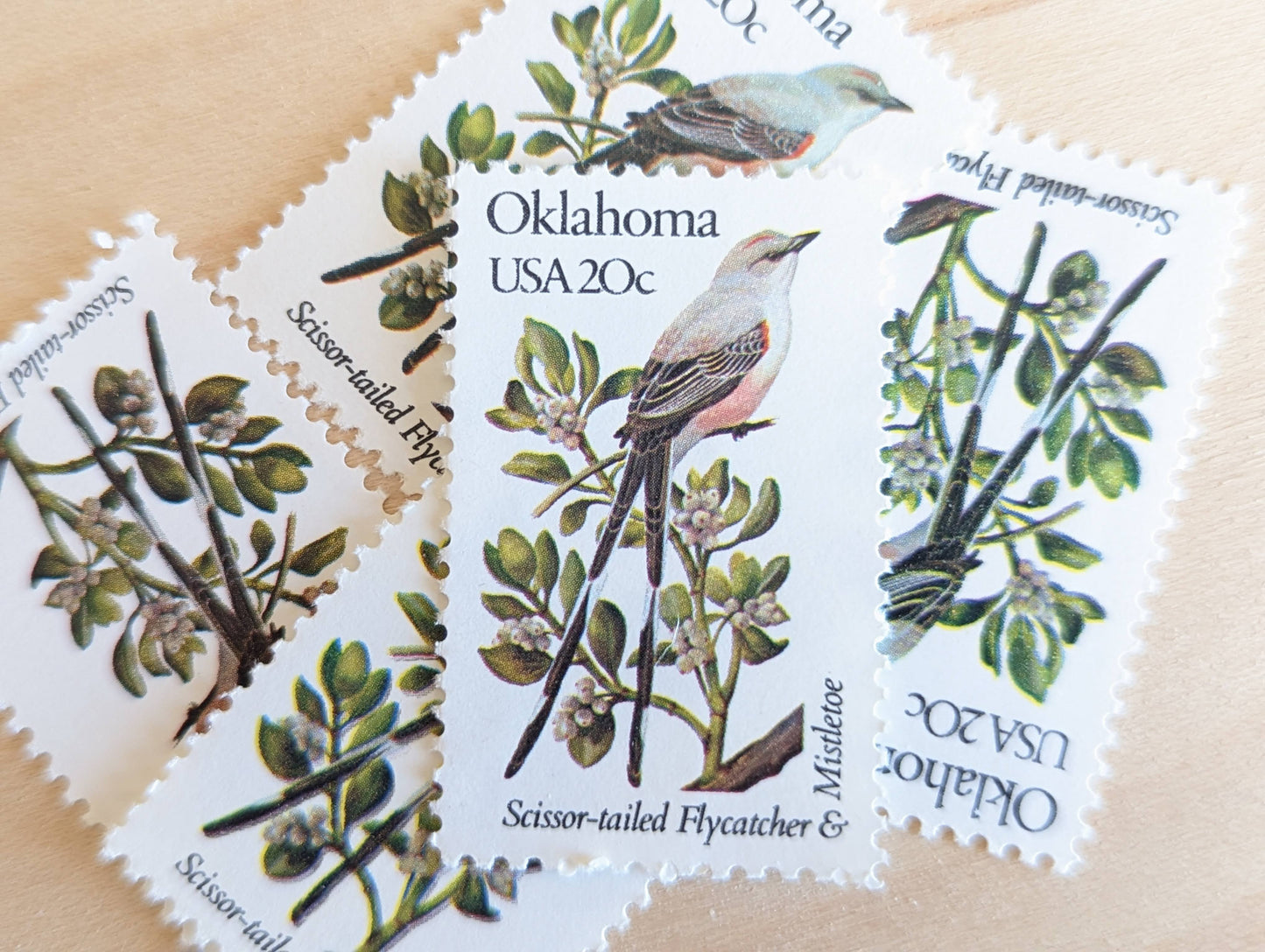 Oklahoma State Stamp, Set of 5, Vintage Unused USPS 20 Cent Postage Stamps, State Bird and Flower, 1982, Gummed