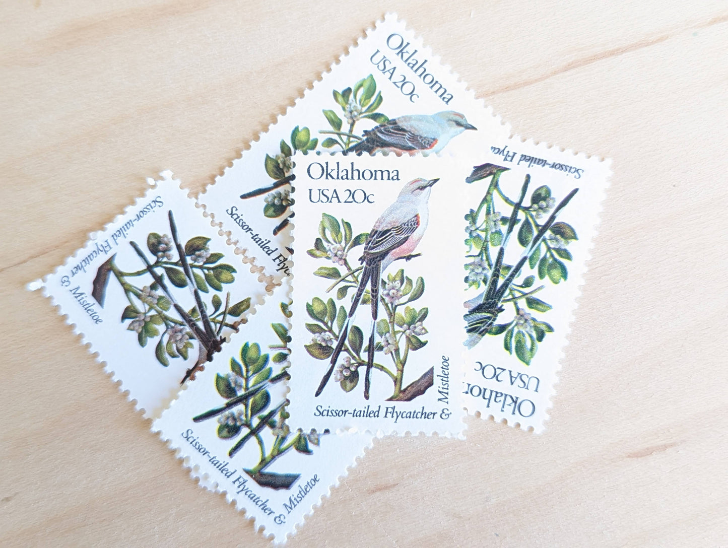 Oklahoma State Stamp, Set of 5, Vintage Unused USPS 20 Cent Postage Stamps, State Bird and Flower, 1982, Gummed
