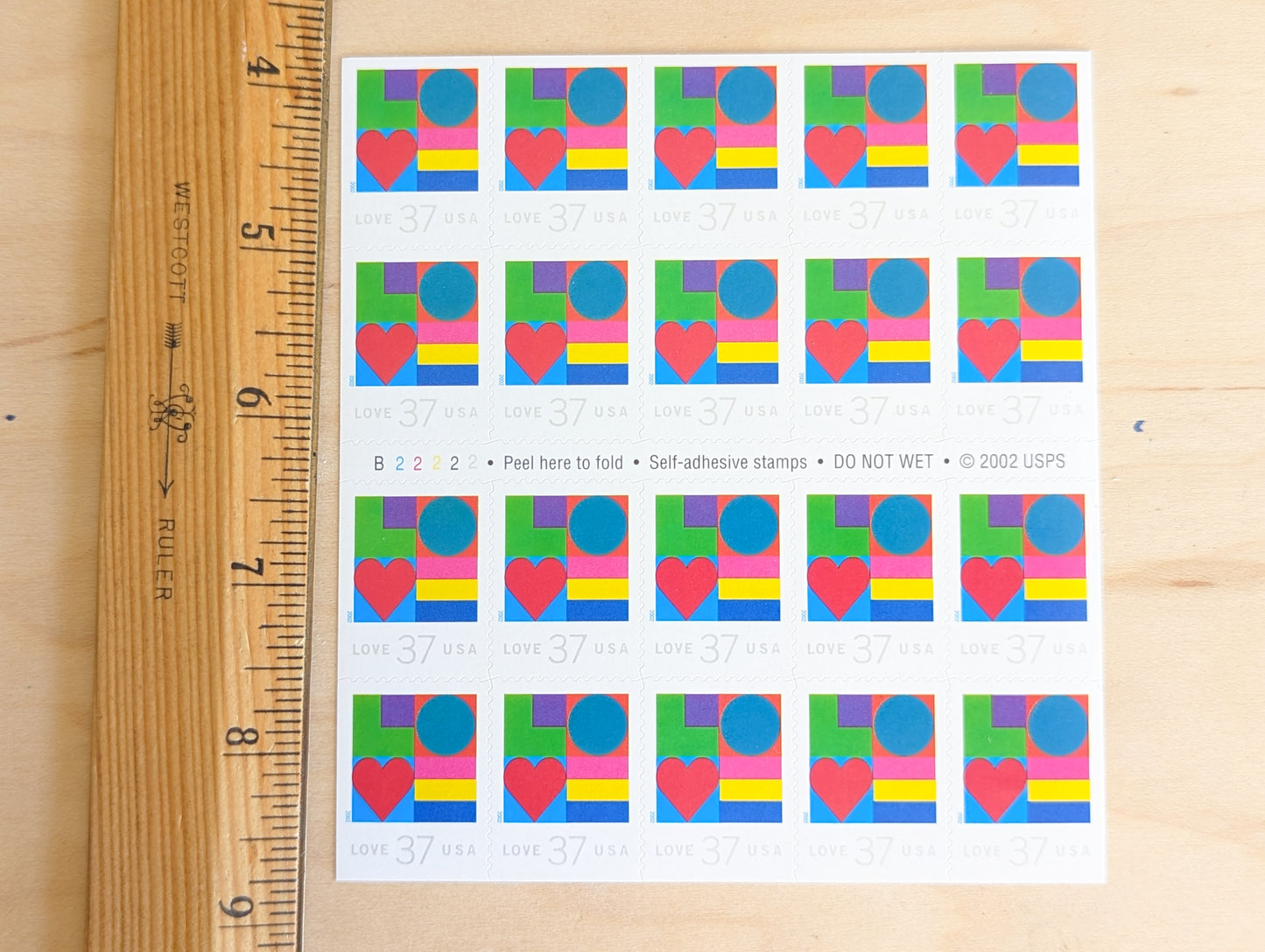 Colors and Shapes Love, Sheet of 20, Vintage Unused USPS 37 Cent Postage Stamps, Love Series (Colors and Shapes), 2002, Self-Adhesive