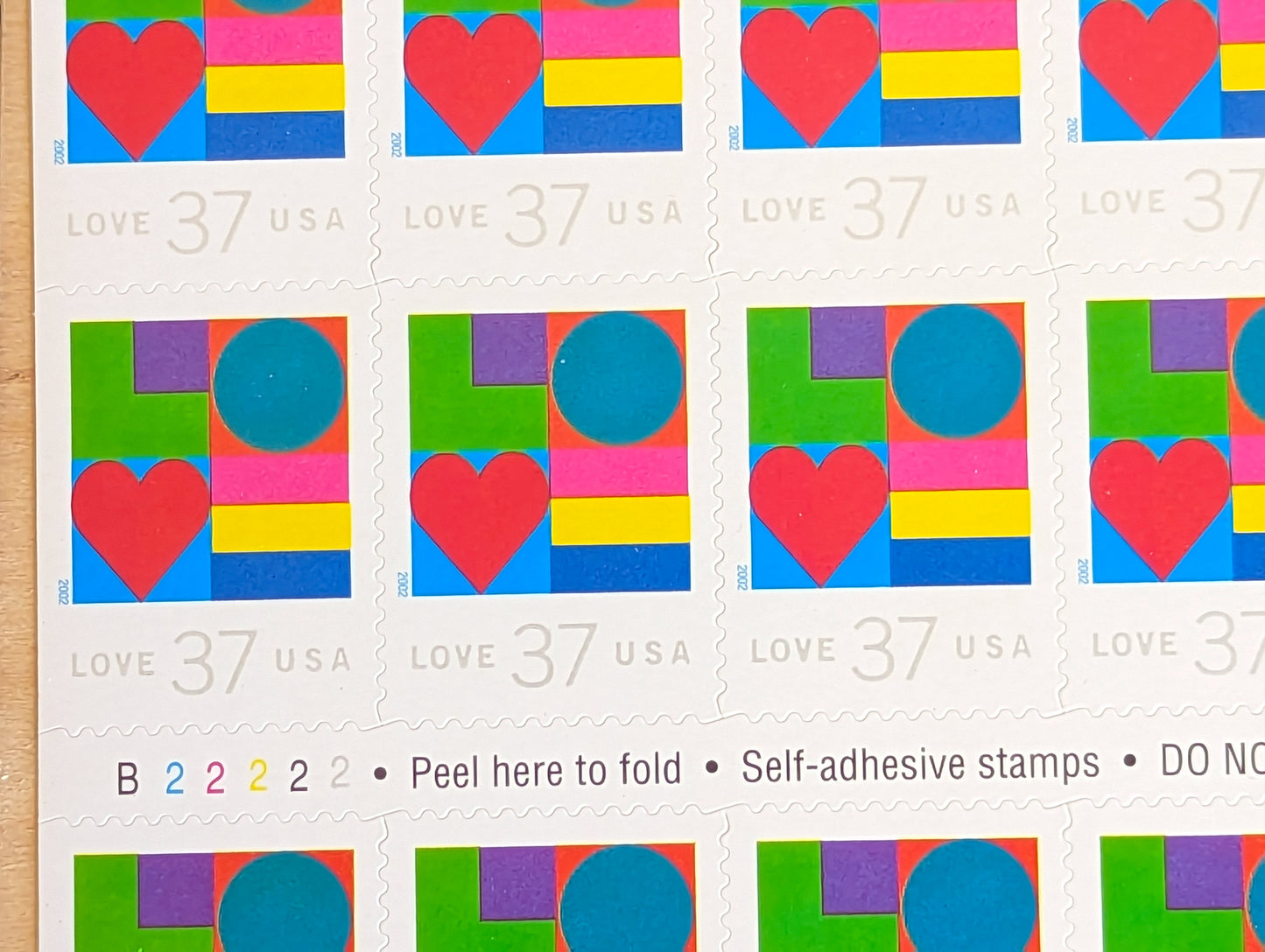 Colors and Shapes Love, Sheet of 20, Vintage Unused USPS 37 Cent Postage Stamps, Love Series (Colors and Shapes), 2002, Self-Adhesive