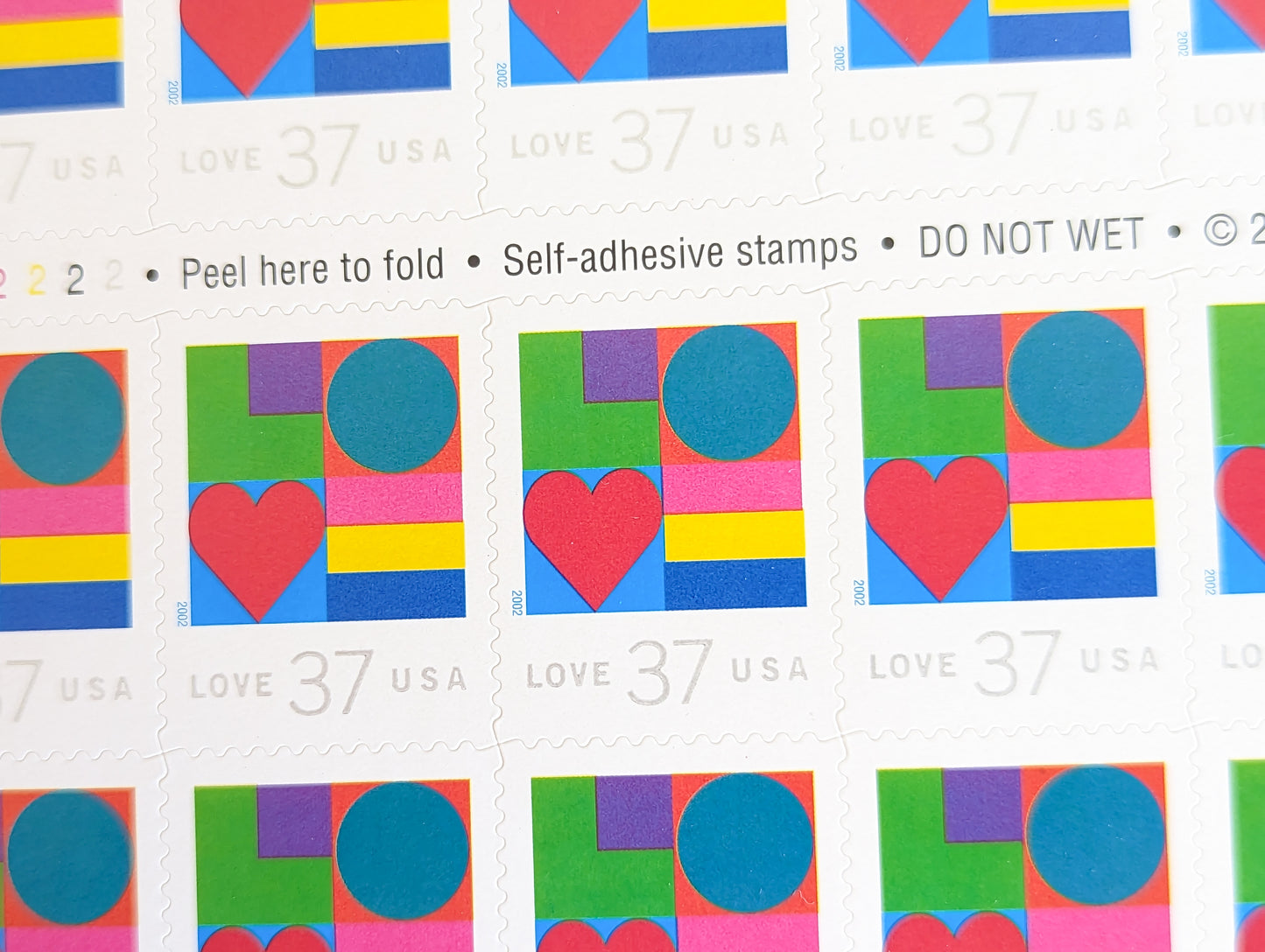 Colors and Shapes Love, Sheet of 20, Vintage Unused USPS 37 Cent Postage Stamps, Love Series (Colors and Shapes), 2002, Self-Adhesive