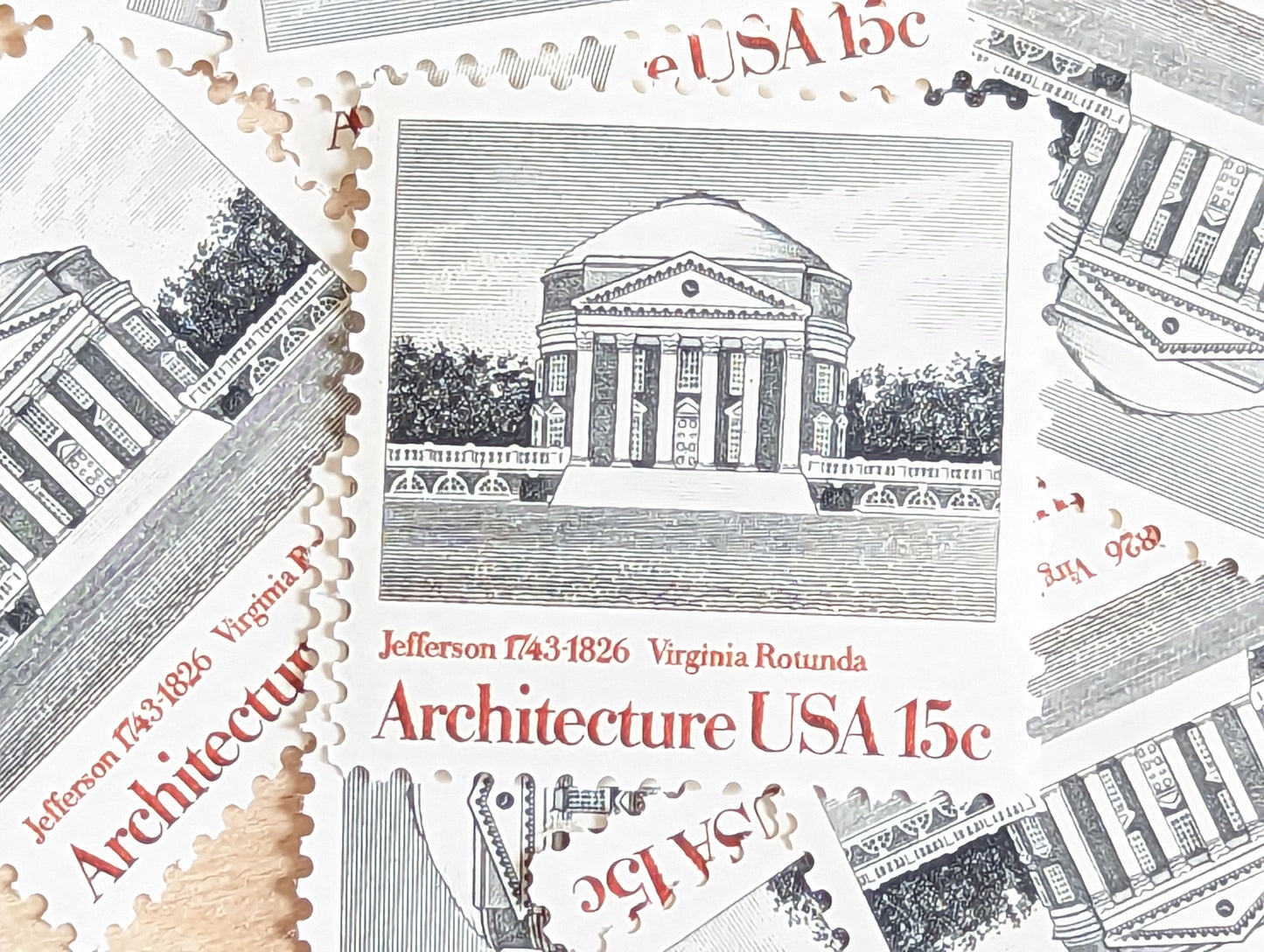 Architecture, Vintage Unused USPS 15 Cent Postage Stamps, American Architecture (Boston State House, Philadelphia Exchange, Baltimore Cathedral, Virginia Rotunda), 1979, Gummed