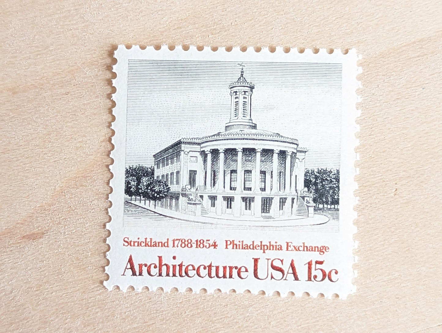 Architecture, Vintage Unused USPS 15 Cent Postage Stamps, American Architecture (Boston State House, Philadelphia Exchange, Baltimore Cathedral, Virginia Rotunda), 1979, Gummed