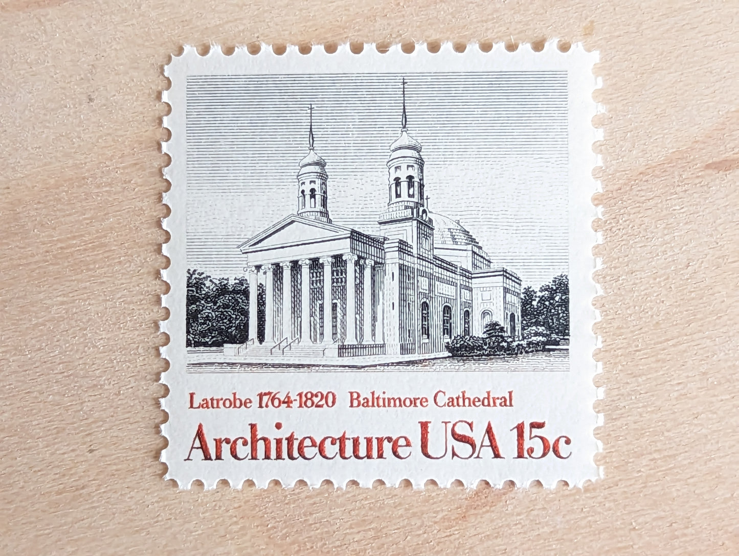 Architecture, Vintage Unused USPS 15 Cent Postage Stamps, American Architecture (Boston State House, Philadelphia Exchange, Baltimore Cathedral, Virginia Rotunda), 1979, Gummed