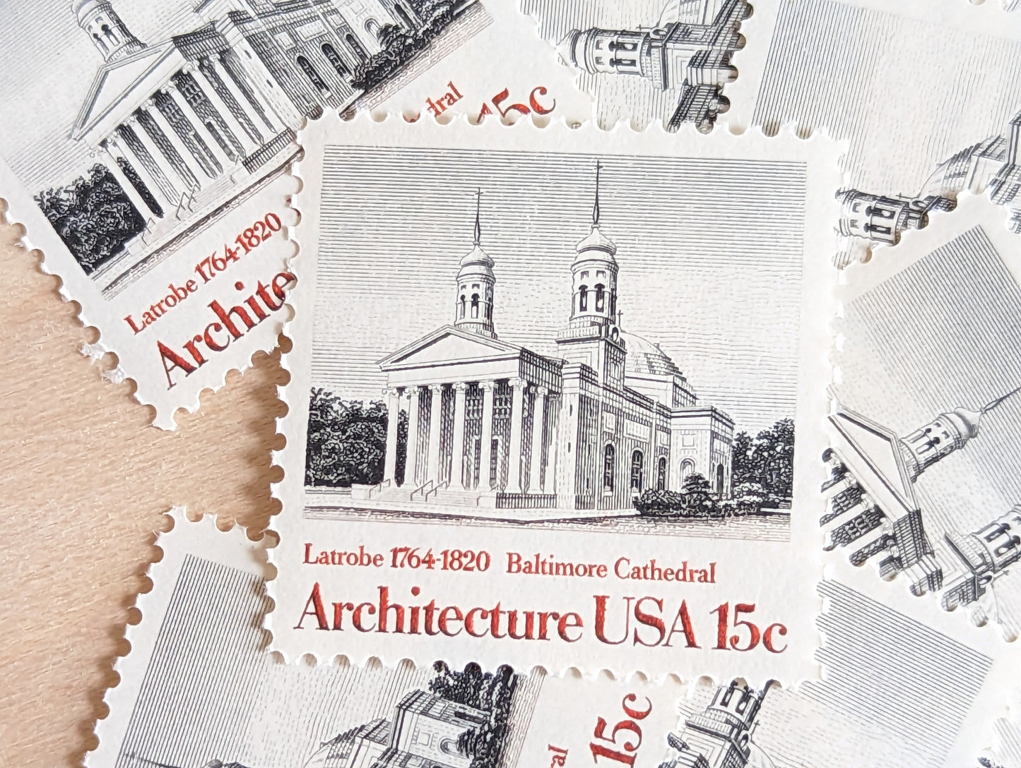 Architecture, Vintage Unused USPS 15 Cent Postage Stamps, American Architecture (Boston State House, Philadelphia Exchange, Baltimore Cathedral, Virginia Rotunda), 1979, Gummed