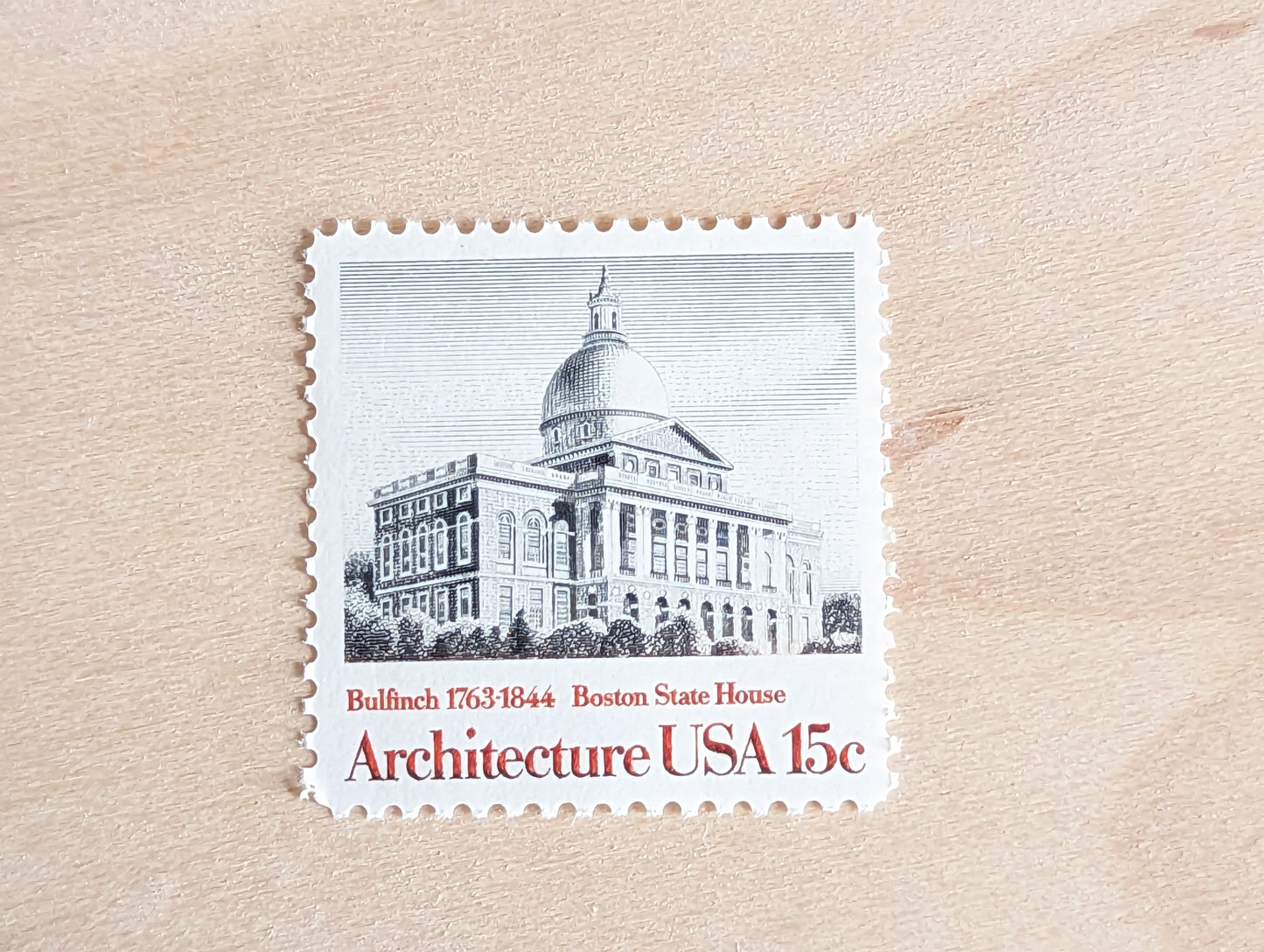 Architecture, Vintage Unused USPS 15 Cent Postage Stamps, American Architecture (Boston State House, Philadelphia Exchange, Baltimore Cathedral, Virginia Rotunda), 1979, Gummed