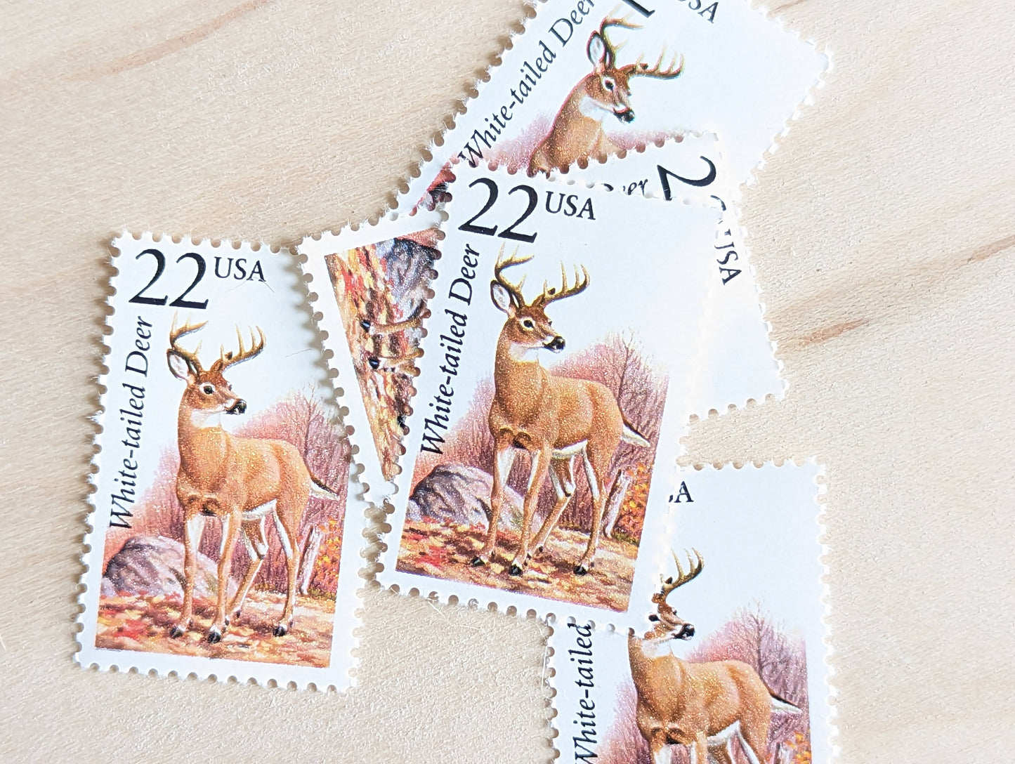 White-Tailed Deer, Set of 5, Vintage Unused USPS 22 Cent Postage Stamps, North American Wildlife Series 1987, Gummed