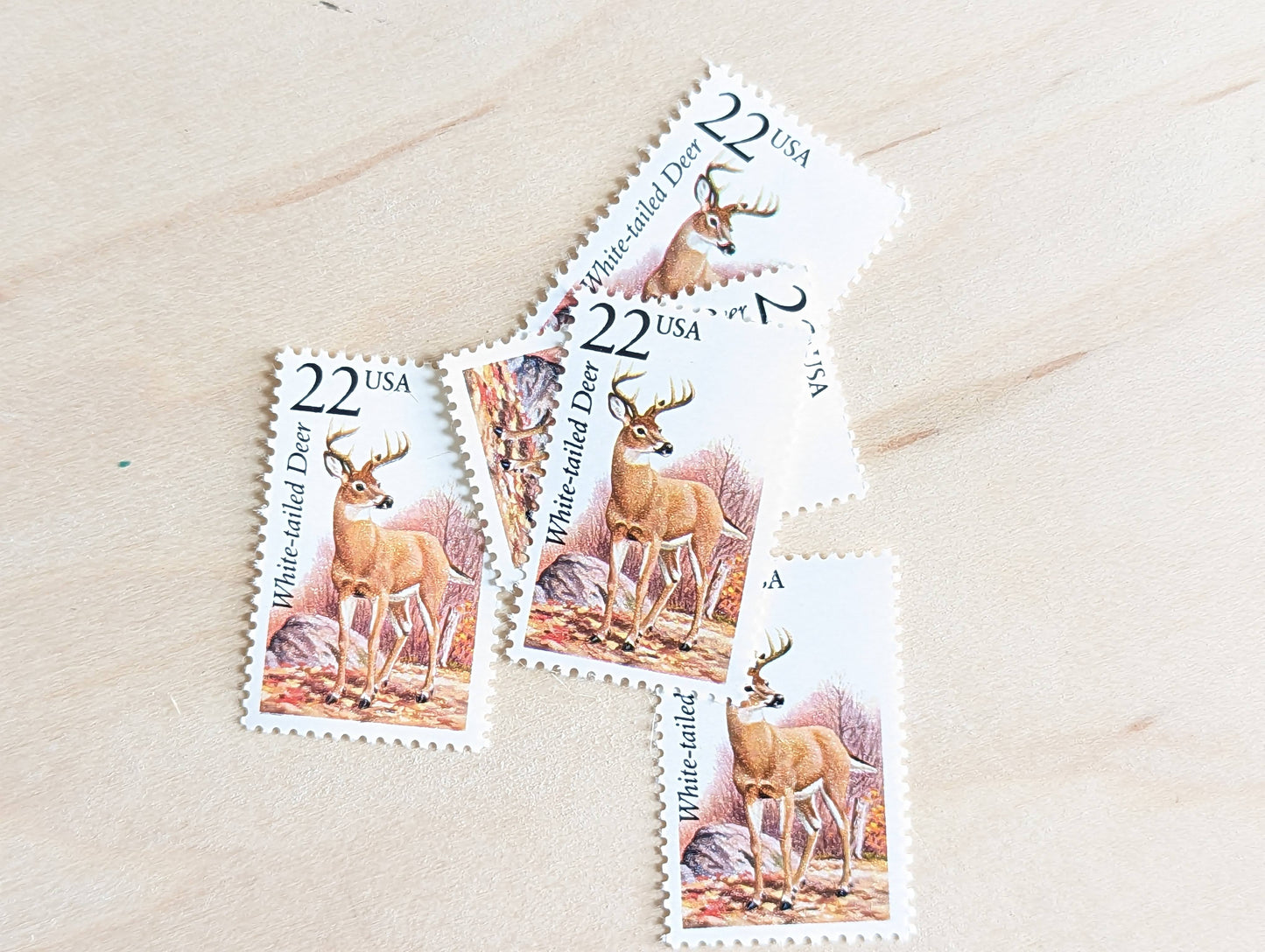 White-Tailed Deer, Set of 5, Vintage Unused USPS 22 Cent Postage Stamps, North American Wildlife Series 1987, Gummed