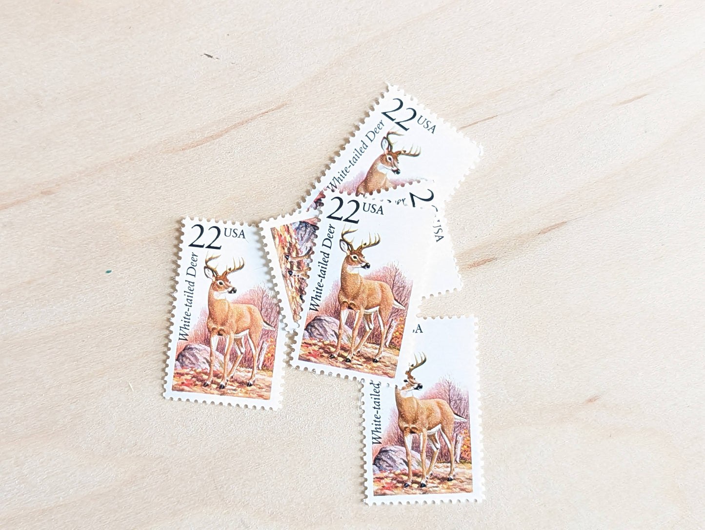 White-Tailed Deer, Set of 5, Vintage Unused USPS 22 Cent Postage Stamps, North American Wildlife Series 1987, Gummed
