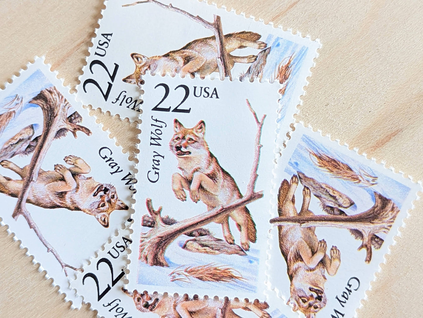 Gray Wolf, Set of 5, Vintage Unused USPS 22 Cent Postage Stamps, North American Wildlife Series 1987, Gummed