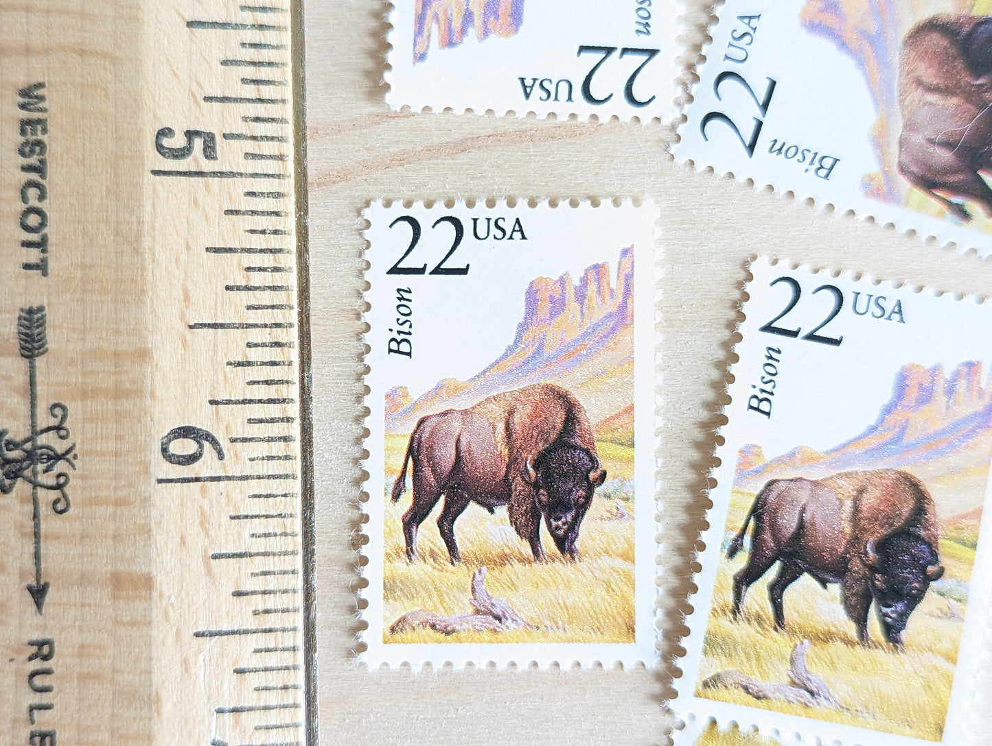 Bison, Set of 5, Vintage Unused USPS 22 Cent Postage Stamps, North American Wildlife Series 1987, Gummed