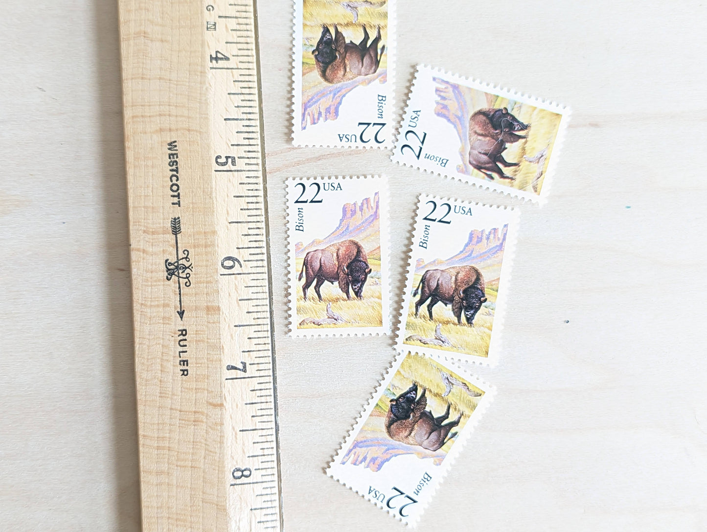 Bison, Set of 5, Vintage Unused USPS 22 Cent Postage Stamps, North American Wildlife Series 1987, Gummed