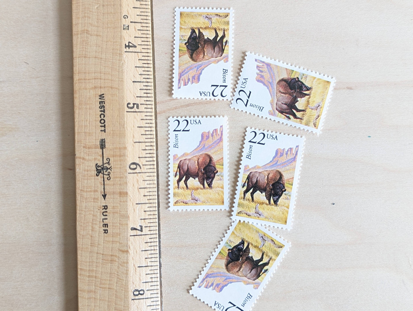 Bison, Set of 5, Vintage Unused USPS 22 Cent Postage Stamps, North American Wildlife Series 1987, Gummed