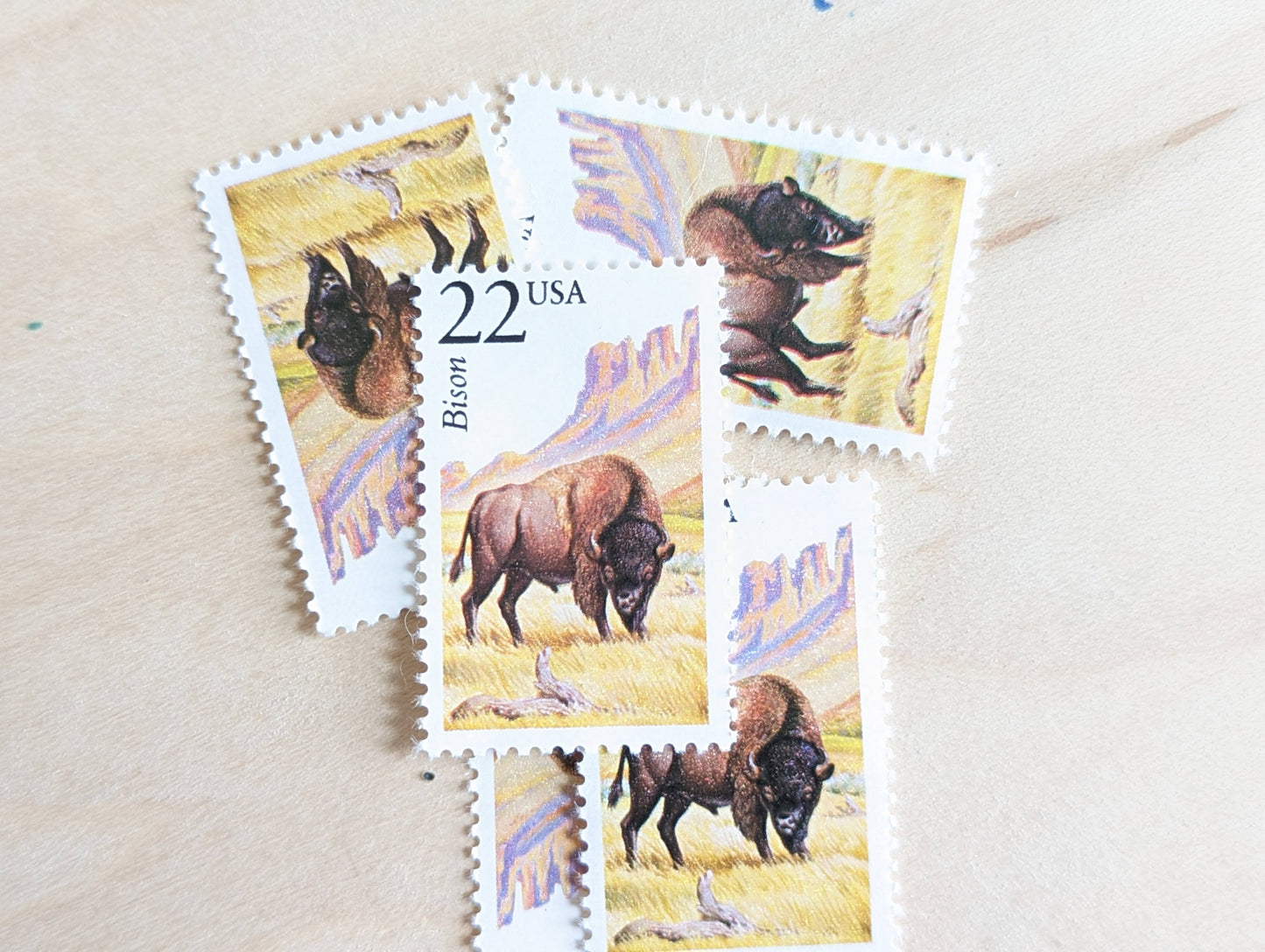Bison, Set of 5, Vintage Unused USPS 22 Cent Postage Stamps, North American Wildlife Series 1987, Gummed