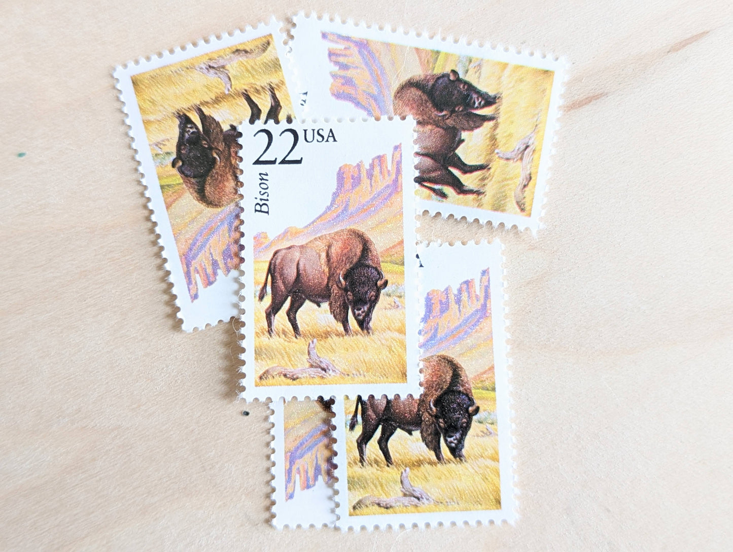 Bison, Set of 5, Vintage Unused USPS 22 Cent Postage Stamps, North American Wildlife Series 1987, Gummed