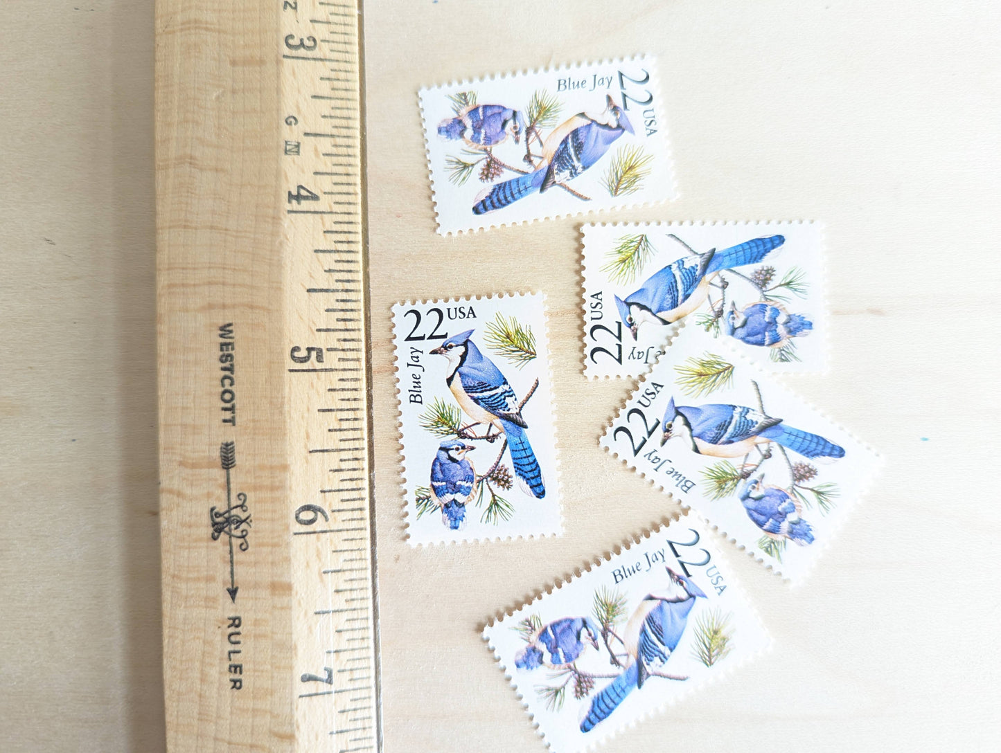 Blue Jay, Set of 5, Vintage Unused USPS 22 Cent Postage Stamps, North American Wildlife Series 1987, Gummed
