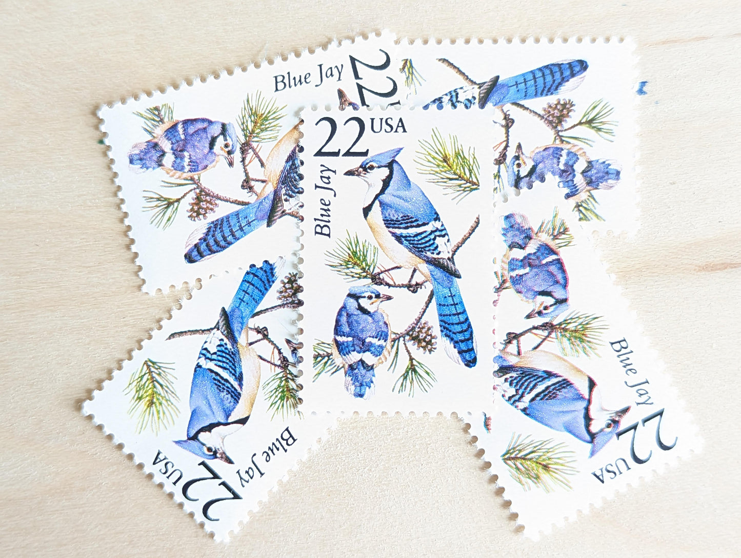 Blue Jay, Set of 5, Vintage Unused USPS 22 Cent Postage Stamps, North American Wildlife Series 1987, Gummed