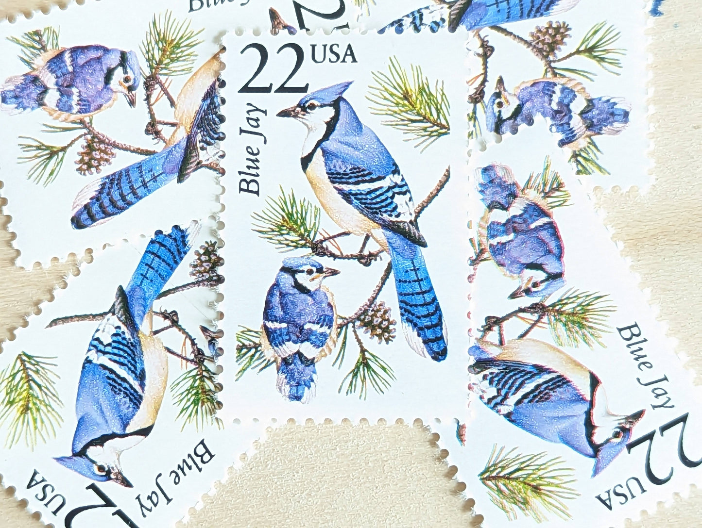 Blue Jay, Set of 5, Vintage Unused USPS 22 Cent Postage Stamps, North American Wildlife Series 1987, Gummed