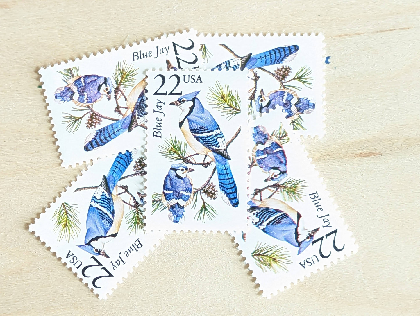 Blue Jay, Set of 5, Vintage Unused USPS 22 Cent Postage Stamps, North American Wildlife Series 1987, Gummed