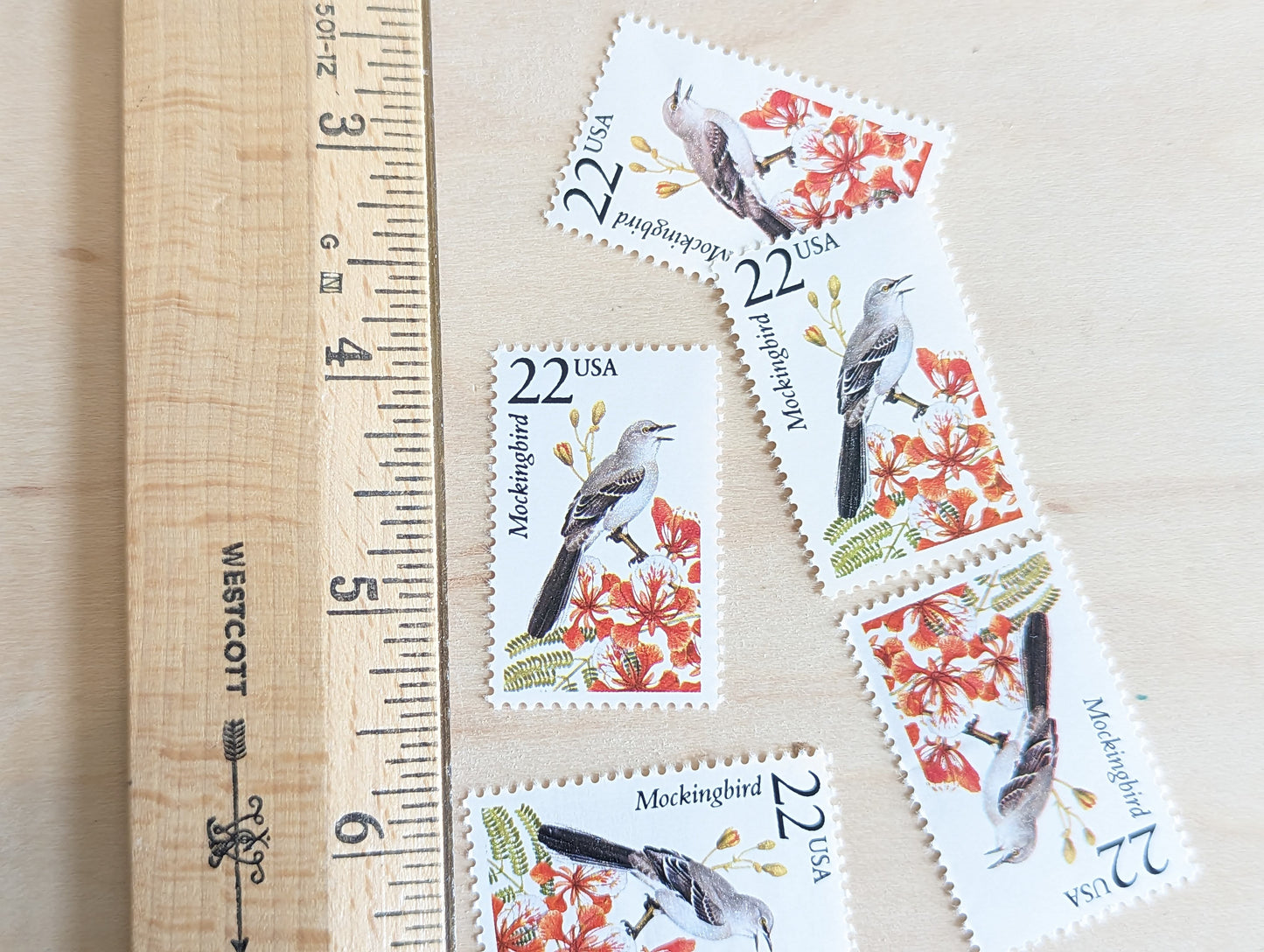Mockingbird, Set of 5, Vintage Unused USPS 22 Cent Postage Stamps, North American Wildlife Series 1987, Gummed