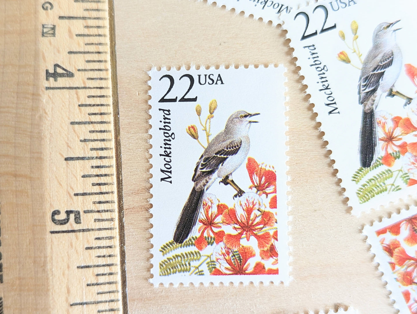 Mockingbird, Set of 5, Vintage Unused USPS 22 Cent Postage Stamps, North American Wildlife Series 1987, Gummed