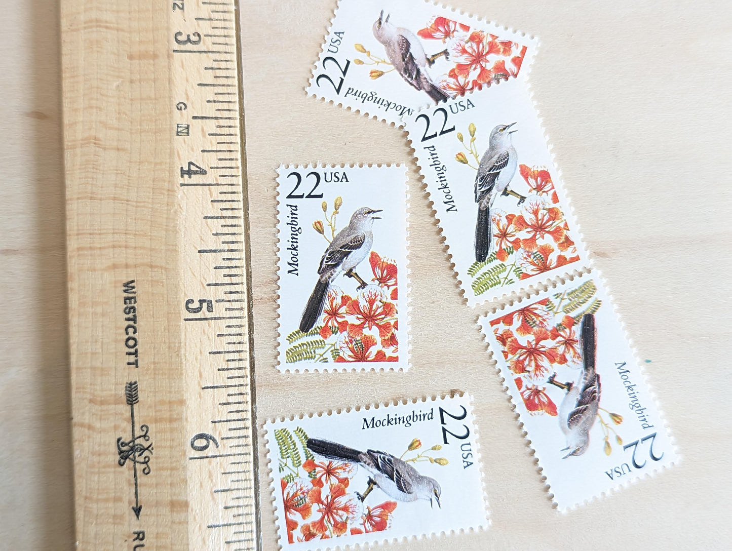 Mockingbird, Set of 5, Vintage Unused USPS 22 Cent Postage Stamps, North American Wildlife Series 1987, Gummed