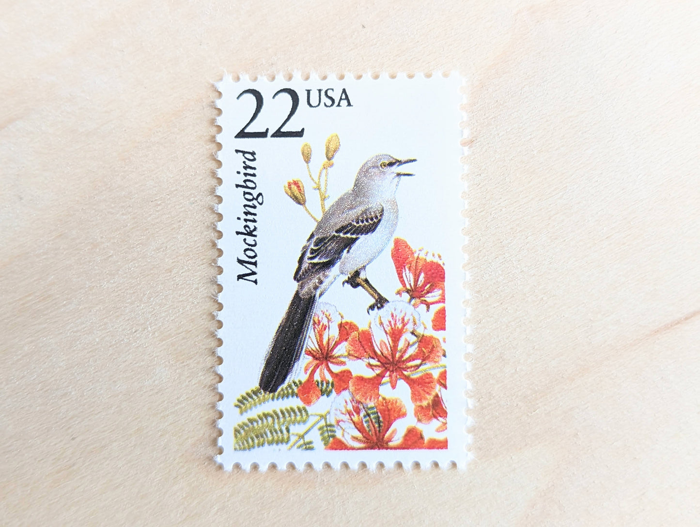 Mockingbird, Set of 5, Vintage Unused USPS 22 Cent Postage Stamps, North American Wildlife Series 1987, Gummed