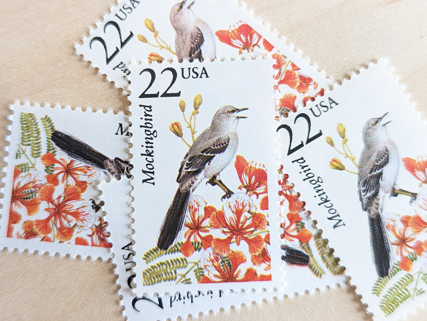 Mockingbird, Set of 5, Vintage Unused USPS 22 Cent Postage Stamps, North American Wildlife Series 1987, Gummed