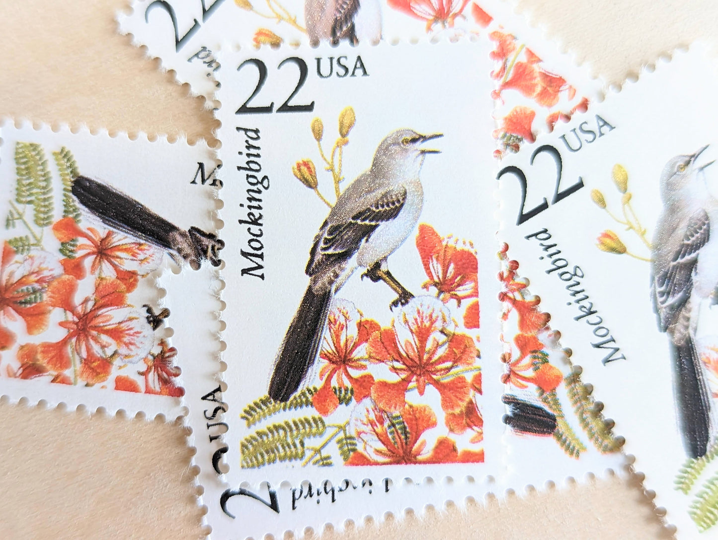 Mockingbird, Set of 5, Vintage Unused USPS 22 Cent Postage Stamps, North American Wildlife Series 1987, Gummed