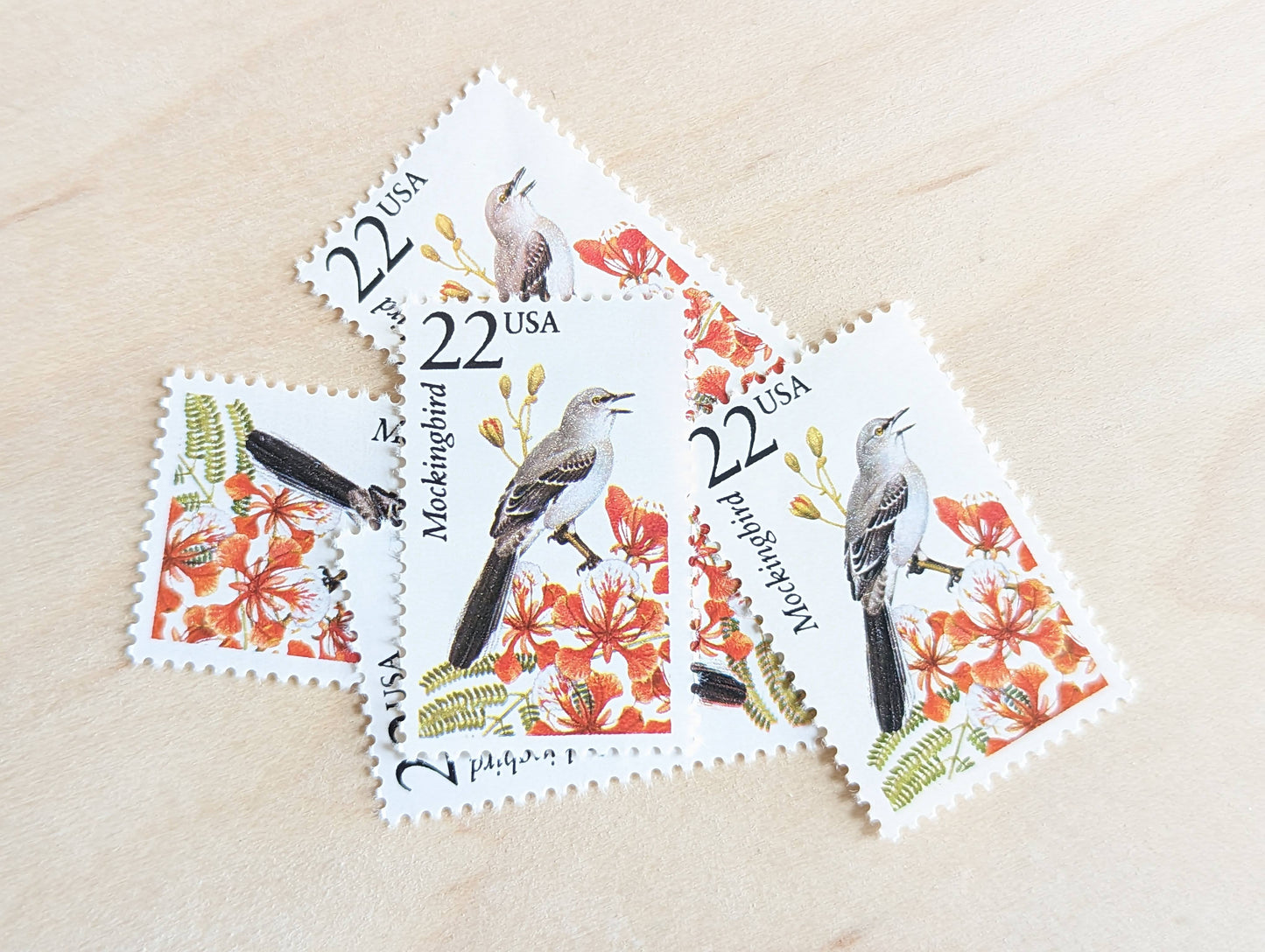 Mockingbird, Set of 5, Vintage Unused USPS 22 Cent Postage Stamps, North American Wildlife Series 1987, Gummed