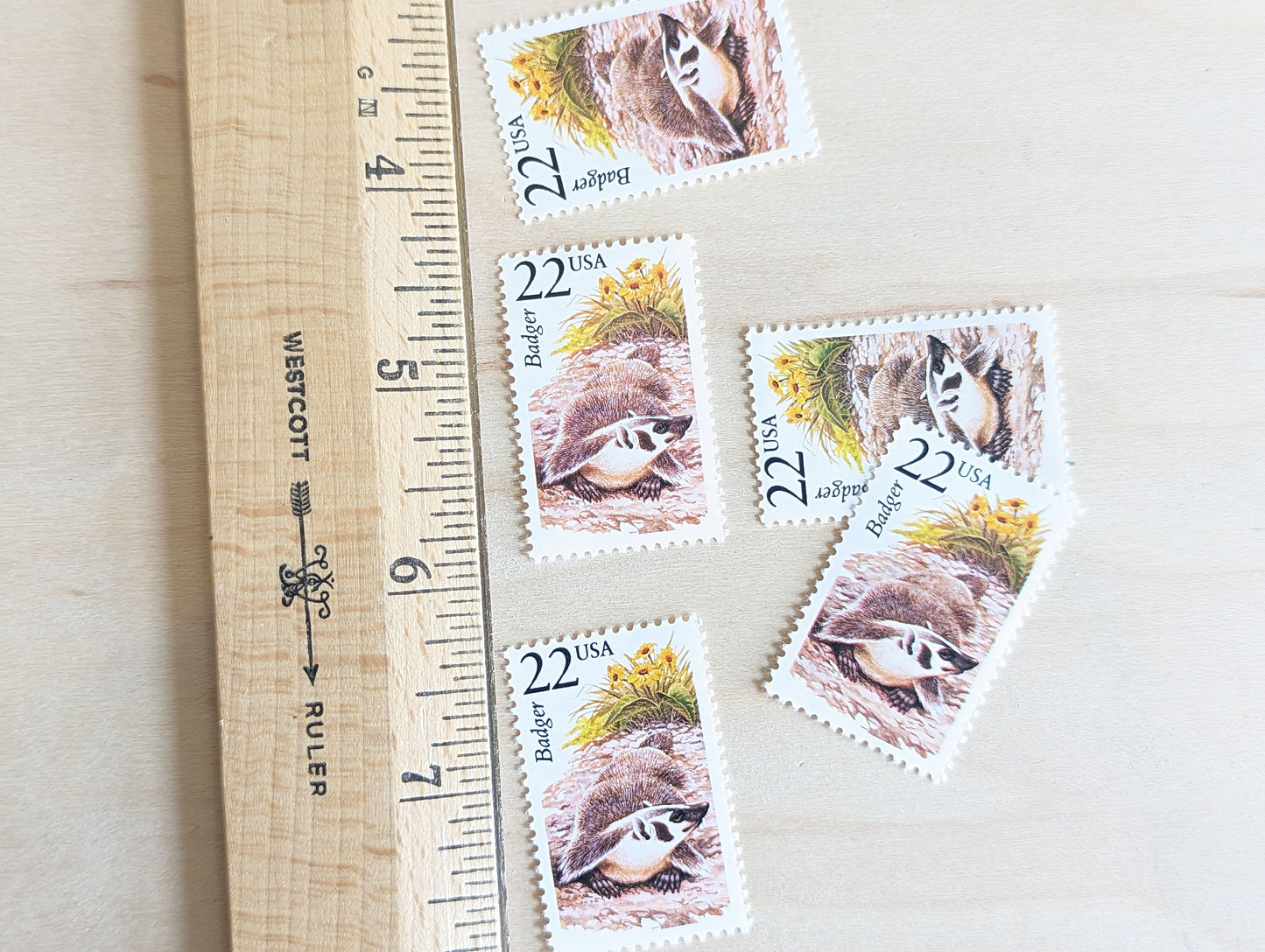 Badger, Set of 5, Vintage Unused USPS 22 Cent Postage Stamps, North American Wildlife Series 1987, Gummed