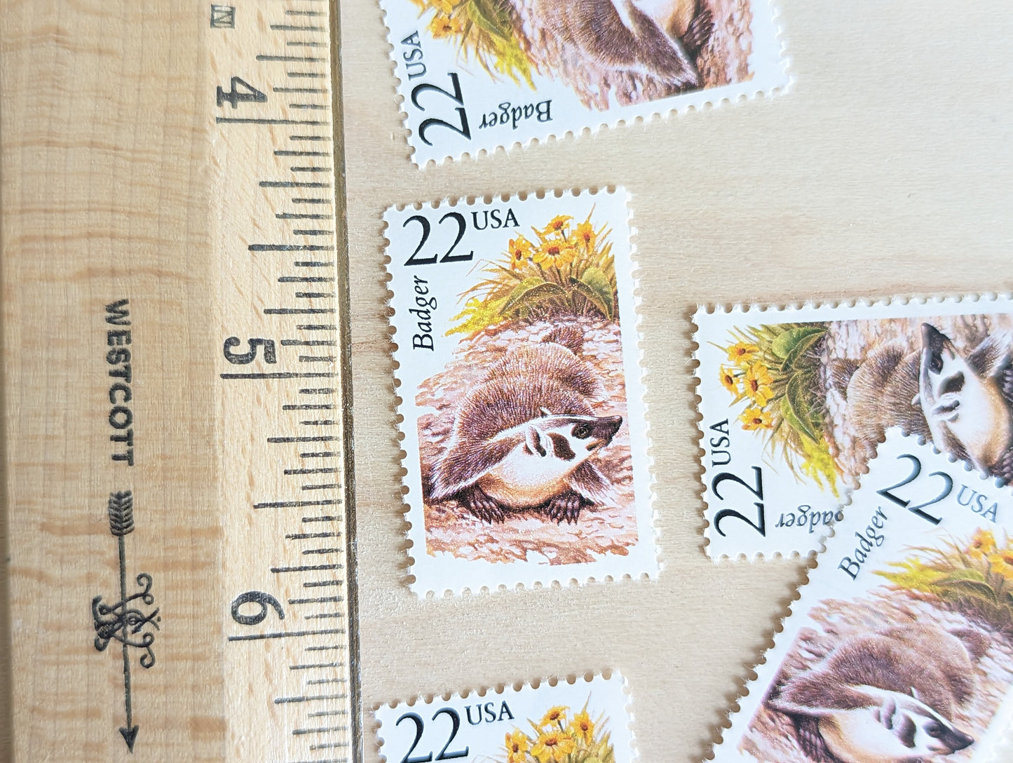 Badger, Set of 5, Vintage Unused USPS 22 Cent Postage Stamps, North American Wildlife Series 1987, Gummed