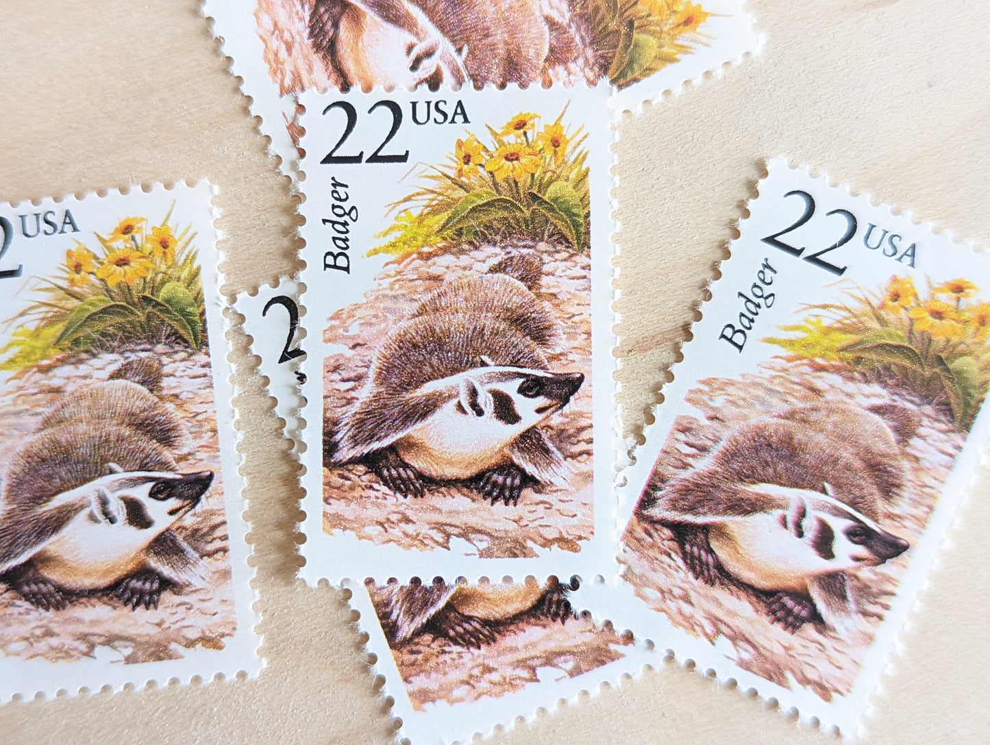 Badger, Set of 5, Vintage Unused USPS 22 Cent Postage Stamps, North American Wildlife Series 1987, Gummed