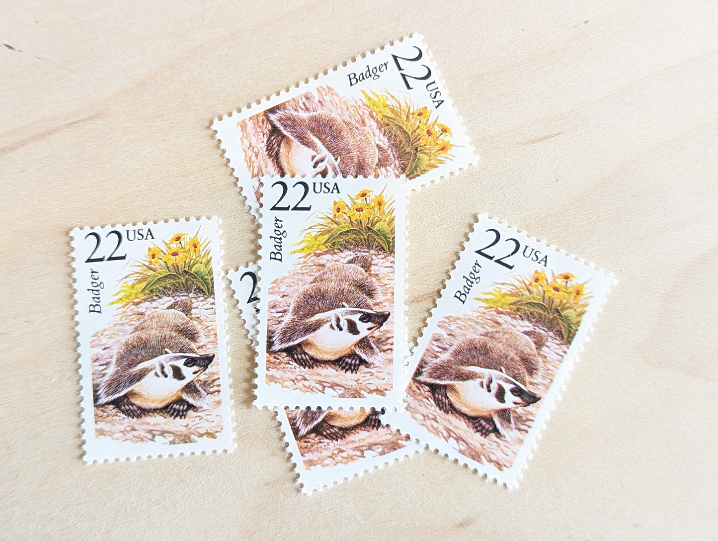 Badger, Set of 5, Vintage Unused USPS 22 Cent Postage Stamps, North American Wildlife Series 1987, Gummed