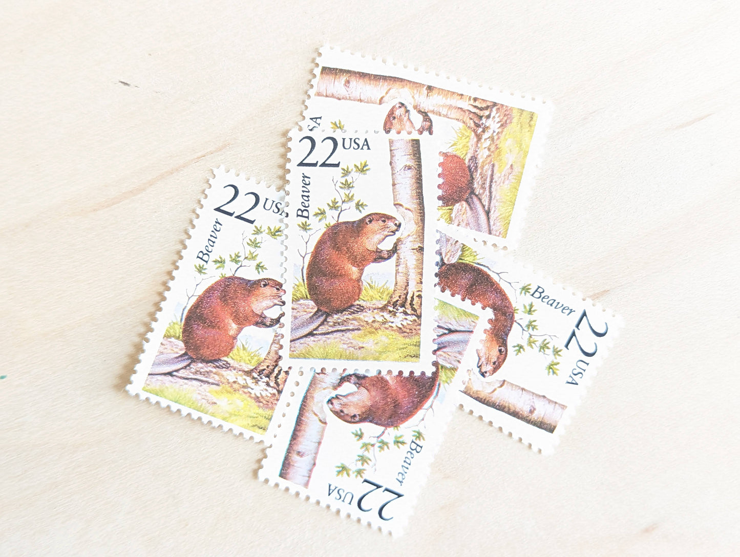 Beaver, Set of 5, Vintage Unused USPS 22 Cent Postage Stamps, North American Wildlife Series 1987, Gummed