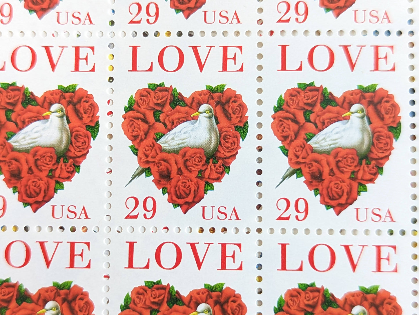 Dove Red Rose Love, Vintage Unused USPS 29 Cent Postage Stamps, Love Series Stamps, 1991, Gummed