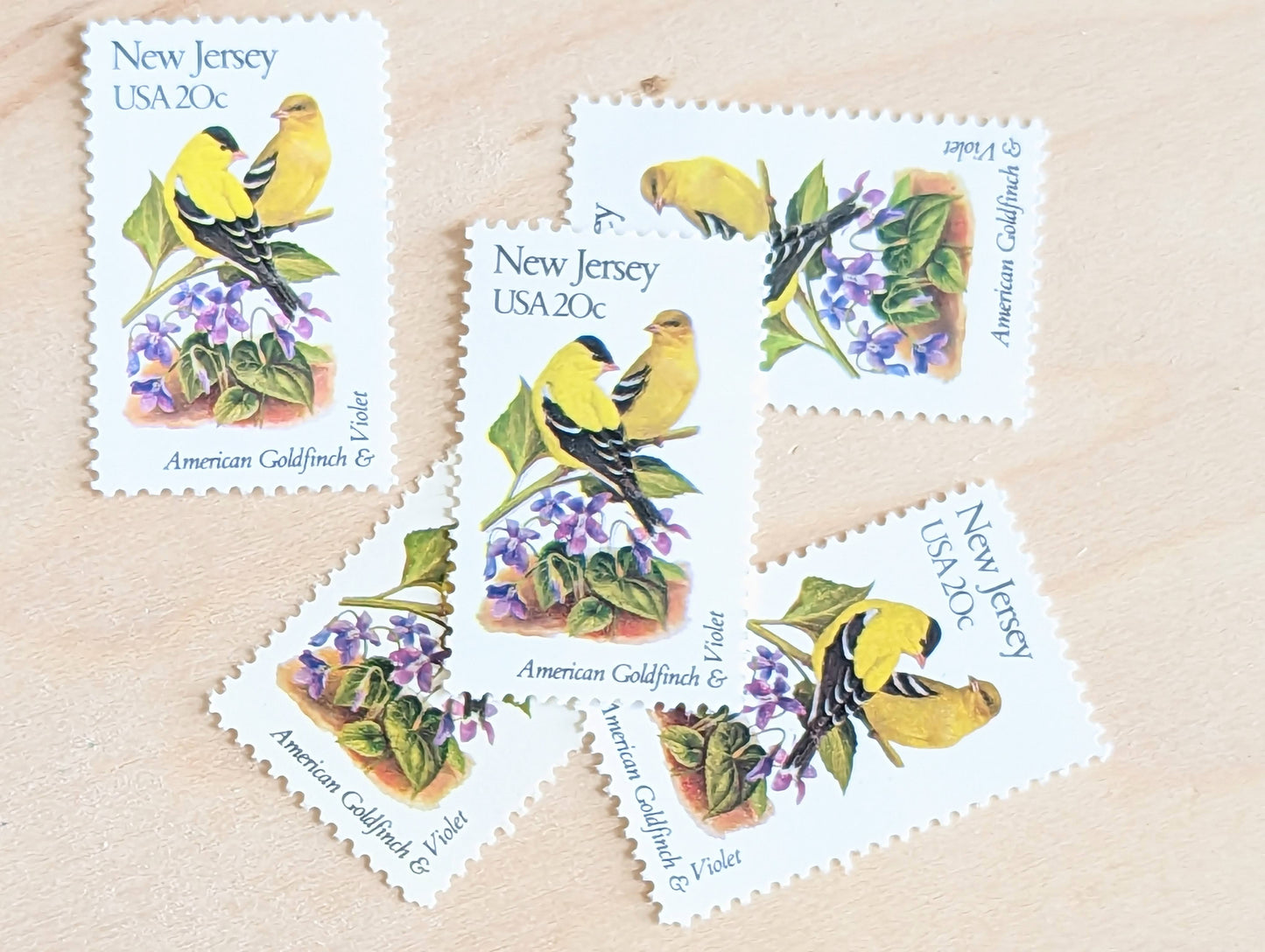 New Jersey State Stamp, Set of 5, Vintage Unused USPS 20 Cent Postage Stamps, State Bird and Flower, 1982, Gummed