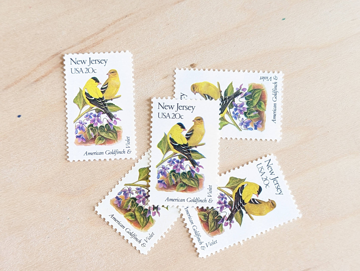 New Jersey State Stamp, Set of 5, Vintage Unused USPS 20 Cent Postage Stamps, State Bird and Flower, 1982, Gummed