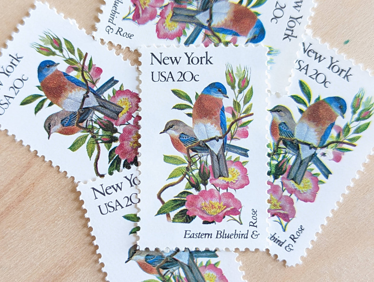 New York State Stamp, Set of 5, Vintage Unused USPS 20 Cent Postage Stamps, State Bird and Flower, 1982, Gummed