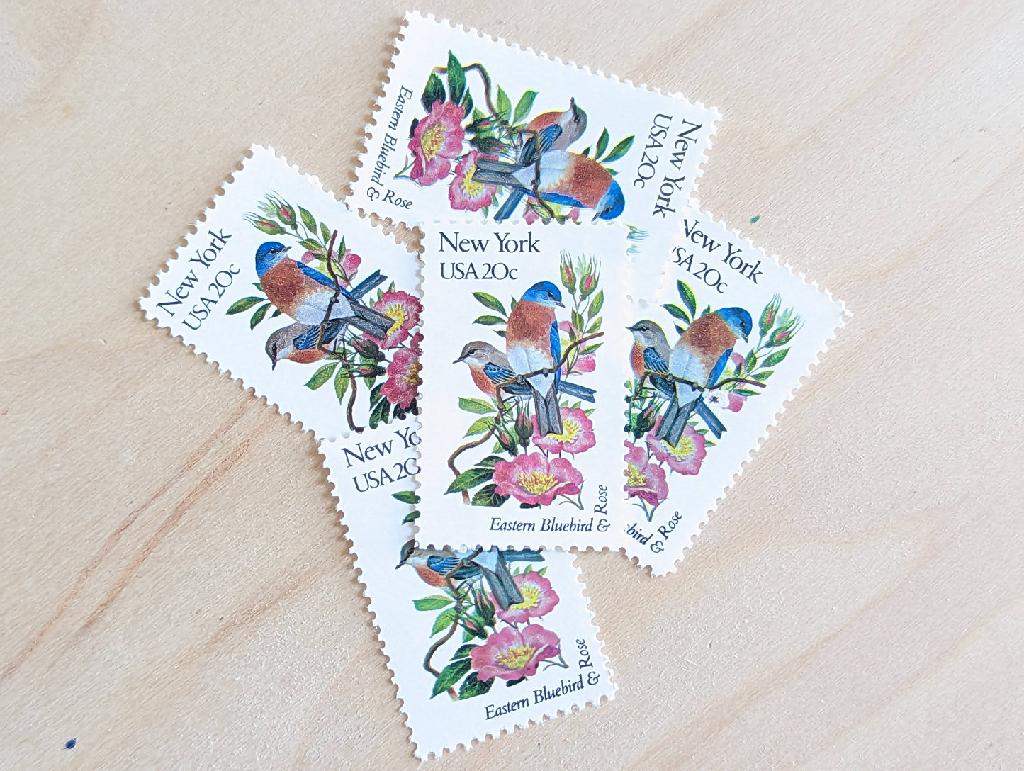 New York State Stamp, Set of 5, Vintage Unused USPS 20 Cent Postage Stamps, State Bird and Flower, 1982, Gummed