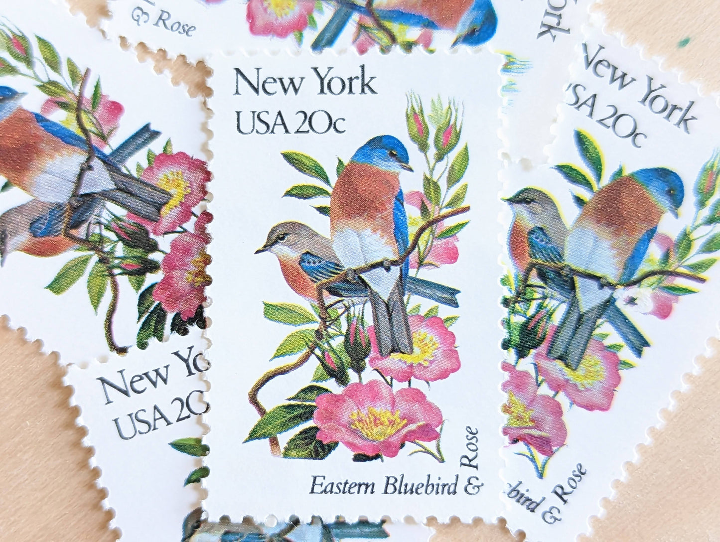 New York State Stamp, Set of 5, Vintage Unused USPS 20 Cent Postage Stamps, State Bird and Flower, 1982, Gummed